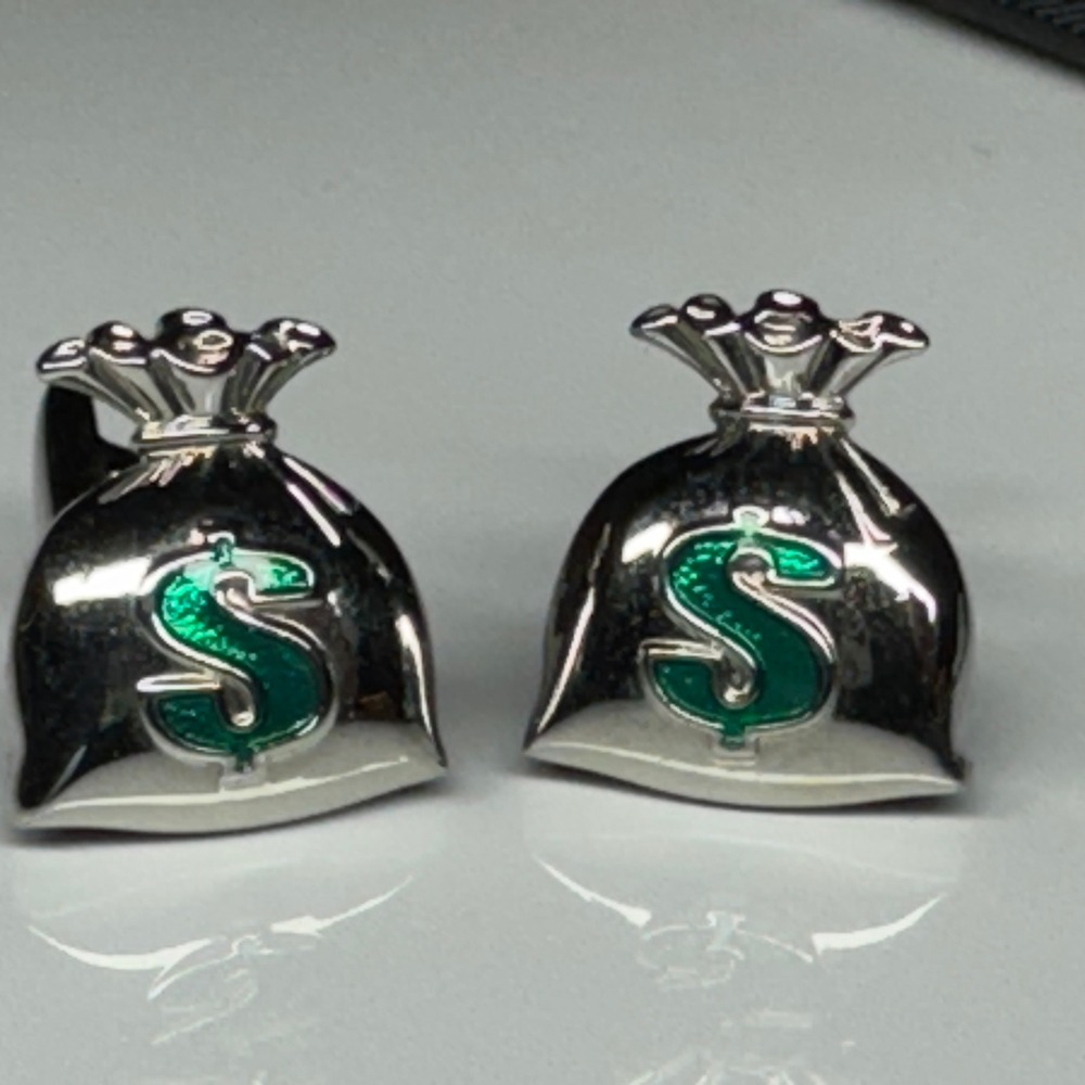 Roundtree & Yorke Silver Money Bag Cufflinks Green‎ Dollar Sign